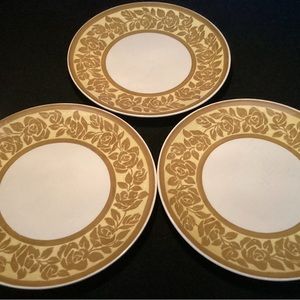 Vintage Set Of 3 Royal Ironstone Gold And Yellow Floral Dinner Plates.